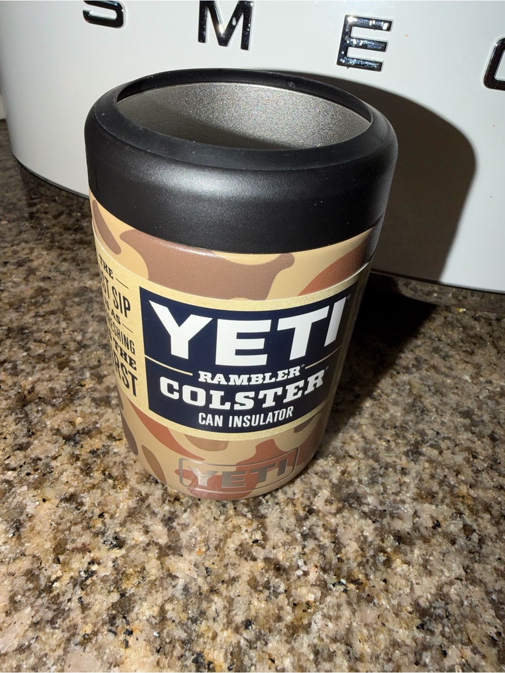 Yeti Rambler Colster Can Insulator in Tan Camo with Black Top